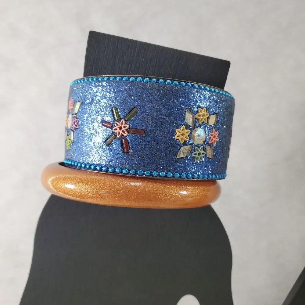 Bundle of Blue Orange Mustard Bracelets Elastic Cuff Bangles Mixed Viva Beads
